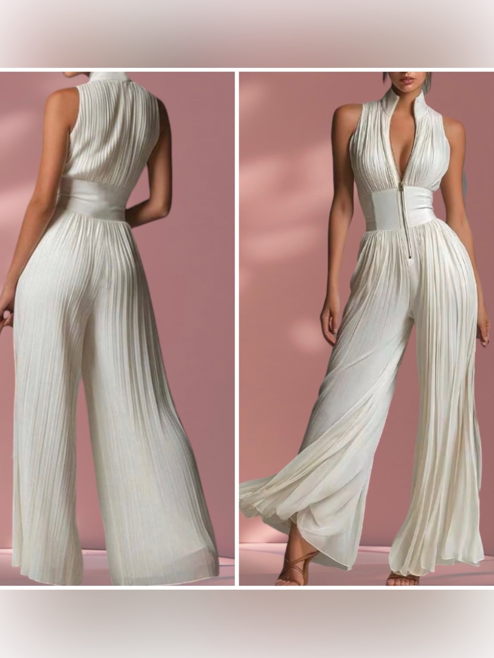 Women's Sleeveless Pleated Wide Leg Jumpsuit High Neck Zipper Front XS